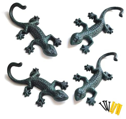 Fun Cast Iron Outdoor Towel Hooks Hooks, Cool Gecko Pool Towel Hooks, Heavy-Duty Coat Rack, Lovely Lizard Pool Towel Holder for Outdoor and Indoor, Cute Key Holder and Wall Decor (Set of 4)