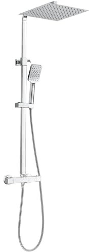 Square Thermostatic Shower System, Bevankly Thermostatic 38°C Shower Mixer Set with 11.8 Rainfall Shower and Multi-Function Handheld Shower, Adjustable Height Anti Scald Chrome Shower Set