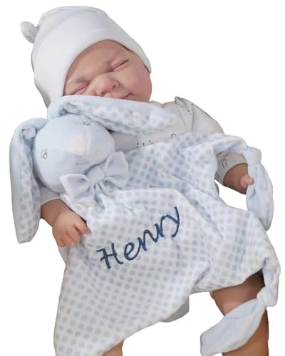 generisch BotoBaby® Schmusetuch mit Namen – Personalisiertes Kuscheltuch für Babys – Besticktes Schnuffeltuch – Geschenk zur Geburt, Taufe & Babyshower – 25x25 cm (Blau - Hase 5)