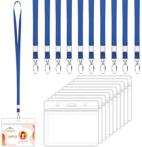Segus Acreditaciones Colgantes, 10 Piezas Lanyard Azul con Fundas Tarjetas Identificativas, Transparente e Impermeable, Cinta Cuello Llaves para Escuelas, Exposiciones, Conferencias (Horizontal)