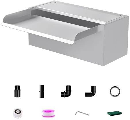 LONGRUNNEW 30cm Edelstahl Teich Wasserfall Blade Set,12.2cm breit Edelstahl Teich Brunnen mit Armaturen,Dual Inlet Design für Garten Deck Teich Terrasse