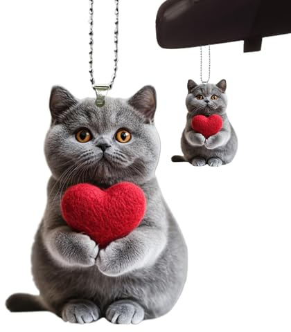 Auto-Rückansicht-Katzenornament – Katzen-Rückspiegel- Mit Herz, 2D-Acryl-Autoanhänger | Niedlicher Katzen-Tierform-Auto-Rückspiegel-Anhänger