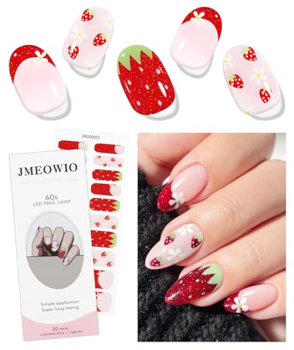 JMEOWIO Nagelfolie Erdbeere Weiße Blumen Gel Nail Nagelfolien Selbstklebend Nagelsticker Uv Härtend Dekoration Nageldesign Zubehör