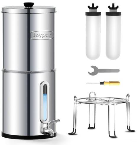 Joypur Filtro de Agua por Gravedad con Filtros Cerámicos, Depósito de 8.5L, Acero Inoxidable, Sistema de 38000L, Plegable y sin Electricidad, para Hogar, Camping