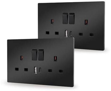 JIMEIDA 2 Pack Double Switched Socket Black 13 Amp with USB-A And Type-C Charging Ports PC Panel Wall Outlet Power Socket