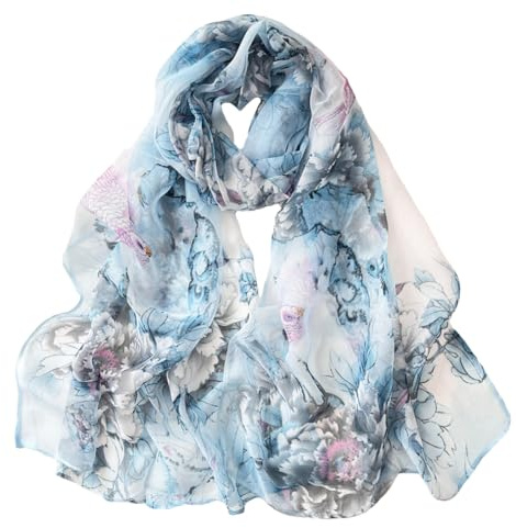 Pokeedioty Fashion Scarfs for Women Lightweight breathable Floral Pattern Sheer Scarfs Sun-proof Shawls Wraps (Parrot peony blue)