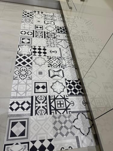 Alfombra Vinílica Vedra Cocina y Exterior - Diseño Geométrico Baldosa Gris - Alfombra PVC Antideslizante para Terraza y Jardín - Resistente (150x200cm)