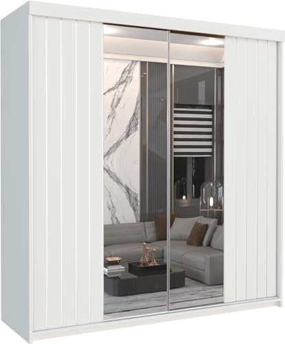 FURNITUREWAVE Modern Sliding Wardrobe | Bedroom Cabinet | Mirror | Shelves & Hanging Rails (White, 150cm)
