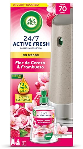 Air Wick Active Fresh Spray Automatico Sin Aerosol - Ambientador para casa con aroma a Flor de Cerezo & Frambuesa - 1 aparato + 1 recambio
