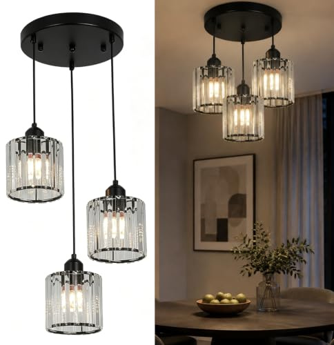 Vinilky Crystal Ceiling Light Shade Modern Chandelier for Living Room | Black, Glass Shades, Semi Flush, 3xE27 sockets, Height Adjustable 7.87-47, for Bedroom, Kitchen Island