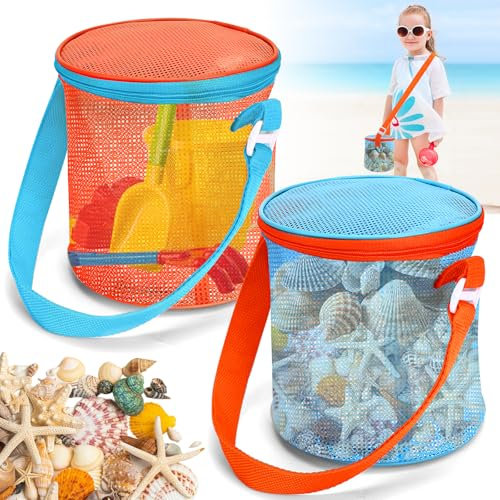 Auiremrti Shell Bags for the Beach, 2 Piece Mesh Shell Holders, Storage Buckets for Travel Sand Toys for the Sandbox, Beach Holiday Accessories for Kids