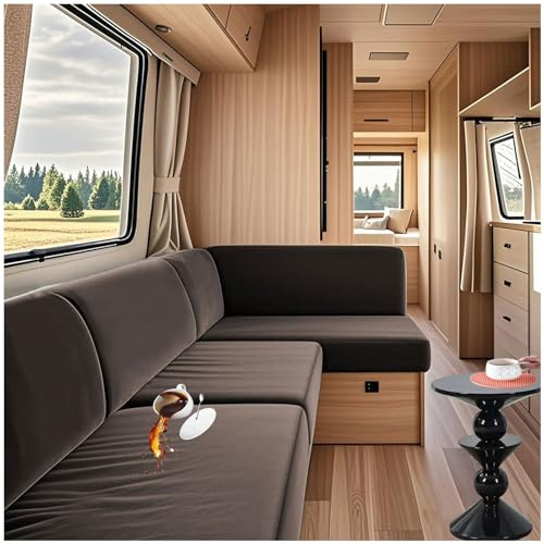 ZGDDPZA Stretch-Samt Wohnwagen Sitzkissenbezug Wasserabweisend, rutschfest, Mit Gummizug – Ersatzbezug Für Caravan, Camper, Wohnmobil, Sofa Oder Bank Inkl.2 Tischsets (Khaki,W 50-65cm L200-230cm)