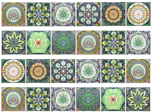 Set di 24 adesivi da parete per camera estetica, decorazione per piastrelle marocchine, in PVC, per corridoio, ufficio, verde, 10 x 10 cm