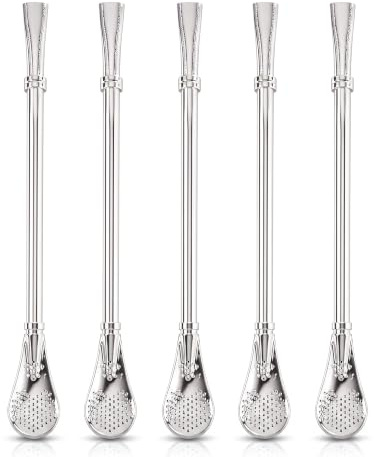 Kukyller 5Pcs Stainless Steel Drinking Straws with Filtered Spoon Design,Yerba Mate Tea Bombilla Drinking Straws, 6.18 * 0.87in