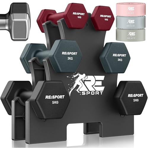 RE:SPORT® Ensemble d'haltères 3 paires, 1 kg - 5 kg, 12 kg ou 18 kg avec support et 3x bandes de fitness | Haltères courts en néoprène antidérapants pour femmes et hommes | Ensemble d'haltères