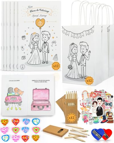 Francese – Set da 12 Kit Bambini Matrimonio con Libri da Colorare e Attività, Sacchetti Regalo, Matite – Kit Giochi Bambini Matrimonio – Intrattenimento Durante la Cerimonia – Idee Gadget per Invitati