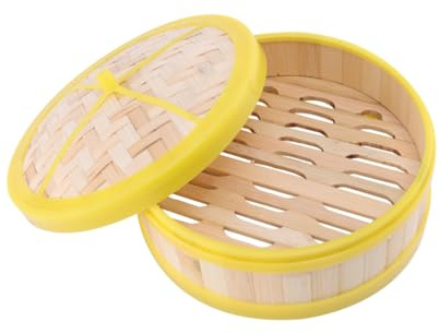 Cabilock Bamboo Steamer Single Tier Basket with Lid 20cm for Cooking Dim Sum Dumplings Vegetables Suitable for Home and Housewarming