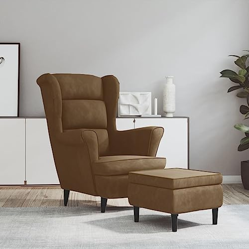 Massbinet Ohrensessel mit Hocker Polyester-Bezug Fernsehsessel Armlehnensessel Polstersessel Relaxsessel Cocktailsessel Stilvolles Design Braun Samt
