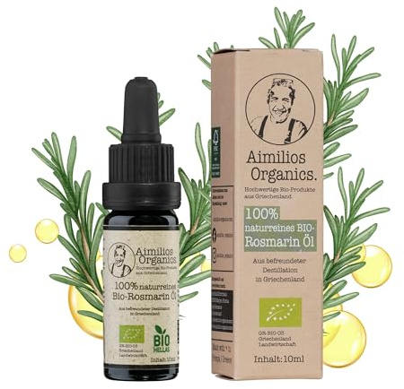 Aimilios Organics Bio Rosmarinöl – 100% reines ätherisches Öl (Lebensmittelqualität) aus Griechenland – H-Booster für Haarwachstum & Kopfhautpflege – Vollspektrum Öl vom Familienbetrieb 10ml