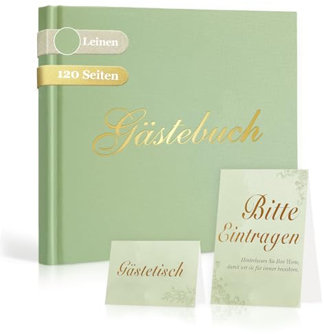 Foliom Gästebuch Set Hardcover Salbeigrün 20x20 cm, 120 Seiten Blanko, Leinen & Goldfolie, mit Tischschild & Willkommenskarte – für Hochzeit, Geburtstag, Taufe, Jubiläum & Party