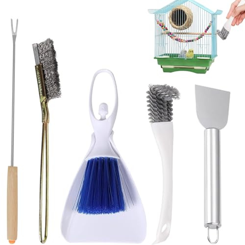 TFLPUO 5PCS Bird Cage Cleaner Set, Stainless Steel Cleaning Brush Droppings Remover & Scraper Tools Accessories for Bird Cages Parrot Budgie Guinea Pig Cage