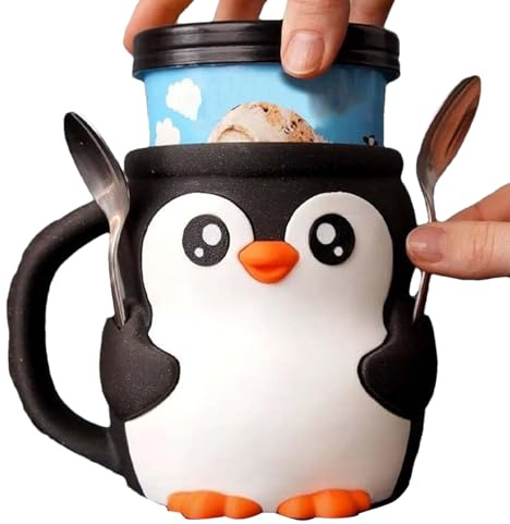 Ice Cream Sleeve 16oz Ice Cream Pint Cup | Spoon Slot Secret Snack Drawer Cute Penguin Design Storage Organizer for Snack Dessert Home Movie Night Living Room Bedroom