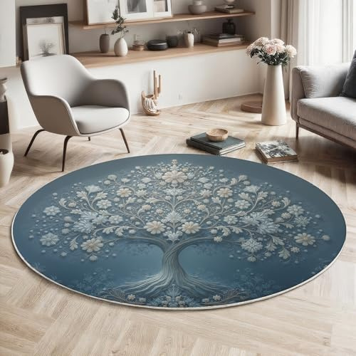 ALTCIRNMD Gemusterter Baum Blau Weiß Weicher Runder Kurzflor-Teppich Leuchtende Pflanzen Für Wohnzimmer & Schlafzimmer,Einfache Pflege,Heimbüro-Dekoration,120Cm Durchmesser