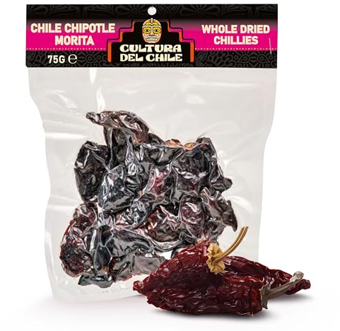 Chiles Chipotle Morita Secos Enteros 75g – Chiles mexicanos totalmente naturales, picante medio con sabor ahumado. Ideales para salsas, tacos, adobos, guisos y aderezos.