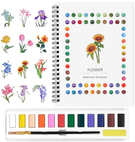 GlisDyck Watercolor Workbook for Beginners, Water Color Paint Book Set with Paints & Brush, 12 Beautiful Flower Patterns of Original DIY Designs, Relaxing & Creative & Joy Adult Coloring Books