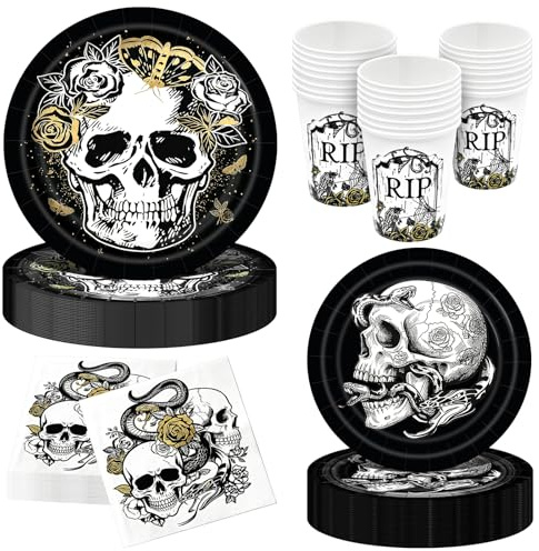 96 Pieces Gothic Halloween Tableware Set – Black Skull Disposable Plates, Cups and Napkins for Spooky Gothic Halloween Party Decorations, Horror Birthday and Haunted House Celebrations – Serves 24 Gue