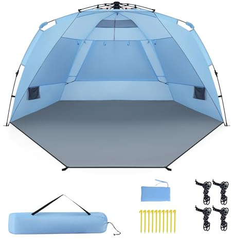 HOMASIS Pop-up Strandmuschel XXL, wetterfestes Strandzelt für 3-4 Personen mit erweiterbarem Boden, Mesh-Fenstern & Tragetasche, UV-Schutz 50+, tragbares Sonnenzelt für Strand, Camping & Hinterhof | Solar-Strandschuppen mit 3 Netzfenstern, Sandtaschen, Transporttasche, für Camping, Picknick, 278 x 140 x 142 cm