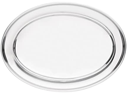 Olympia Stainless Steel Oval Serving Tray, 450mm | Wide raised rim secures items to reduce spills, lightweight 550g build allows easy carrying, and dishwasher safe for cleaning