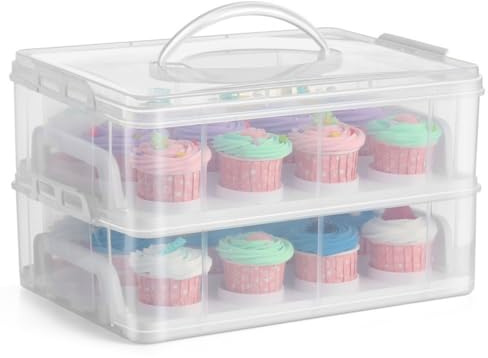 Flexzion Cupcake-Träger Behälterbox (24 Schlitz, 2 Etagen) - 24 Cupcakes-Slots oder 2 große Kuchen Gebäck Klarsicht-Kunststoff Aufbewahrungskorb Tragebox mit 2 Etagen stapelbare Lage Einsatz (klar)