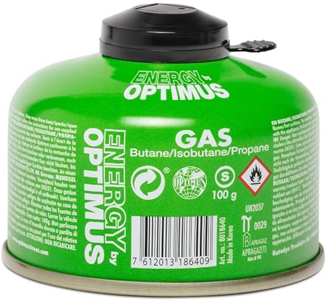 OPTIMUS Cartuccia di Gas 100 g – Miscela di butano/isobutano/propano (50/25/25) per fornelli da Campeggio | Misura S con Protezione valvola | Cartuccia a Vite EN417