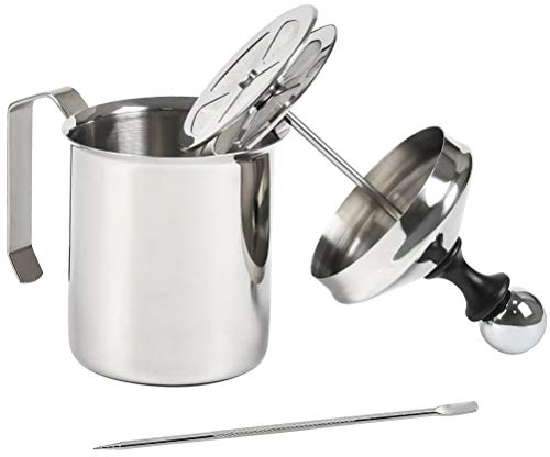 FOCCTS Hand milchaufschäumer Edelstahl Double Mesh manuelle Milchaufschäumer 500ml + Kaffee Latte Art Pen, Perfekter Milchschaum dank doppeltem Sieb und speziellem Drückmechanismus