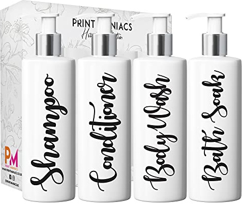Print Maniacs Mrs Hinch Inspired White Personalised Pump Bottles Bathroom Kitchen Set Shampoo Conditioner (Black)