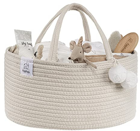 Fephas Baby Diaper Caddy Organizer – 100 % bomullsrep barnkammare förvaring binda – bärbar blöja förvaringskorg för bord och bil – perfekt babyshower & registreringsgåva