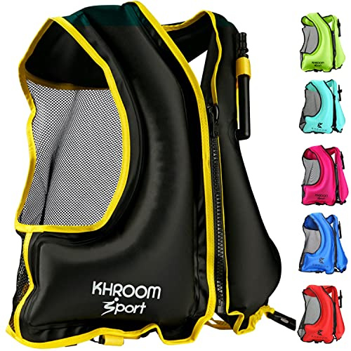 Khroom aufblasbare Schwimmweste | 1,50m - 2,10m / 40Kg - 110Kg | wiegt nur 400 Gramm | Schwimmhilfe für Erwachsene zum Schnorcheln, Kajak und SUP - Auftriebsweste (Schwarz)