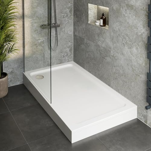 Hydrolux® 1200 x 800 x 140mm White Bathroom Shower Tray for Enclosures Cubicles & Wet Room with Chrome Waste + Riser Kit, Rectangular