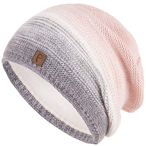 Faera Mütze Damen Wintermütze Mehrfarbig warm gefüttert Fleece-Futter Winter Herbst Strickmütze Beanie Haube Mädchen 57, Farbe:Grau