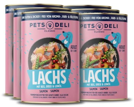 Pets Deli Classic Nassfutter für Hunde mit Lachs, 6x750g | Hoher Lachsanteil, mit leicht verdaulichem Reis, mit Leinöl für Omega-3, ohne Zucker und Gluten, Premium Qualität