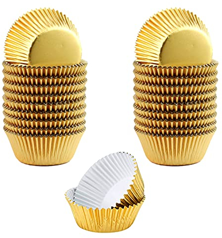 LUKIUP 100 Stück Muffinförmchen, Durchmesser 5 x 3 cm, Mini-Aluminiumfolie, Pappbecher, Kucheneinlage, goldener Einweg-Kuchenbecher, klein, verwendet für Pappbecher, Kuchen, Muffins, Dessert, Backen