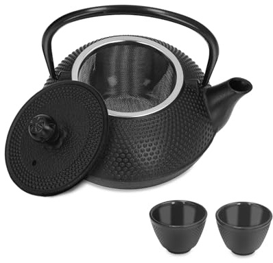 Juego de teteras de hierro fundido Tetsubin japonés Tetera Infusor de té Capacidad de 800 ml Grabado duradero Tetera negra antigua con 2 tazas para amigos de la familia
