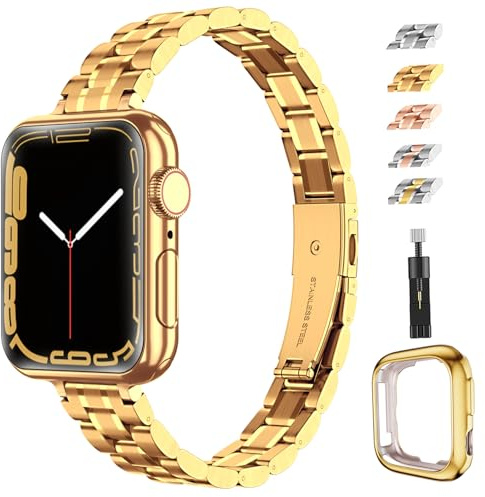 chuangshiji Metall Armband Kompatibel mit Apple Watch Armband 38mm 40mm 41mm, Slim Edelstahlarmband für iWatch 9 8 7 6 5 4 3 2 1 SE Series, Apple Watch Band Damen, Gold