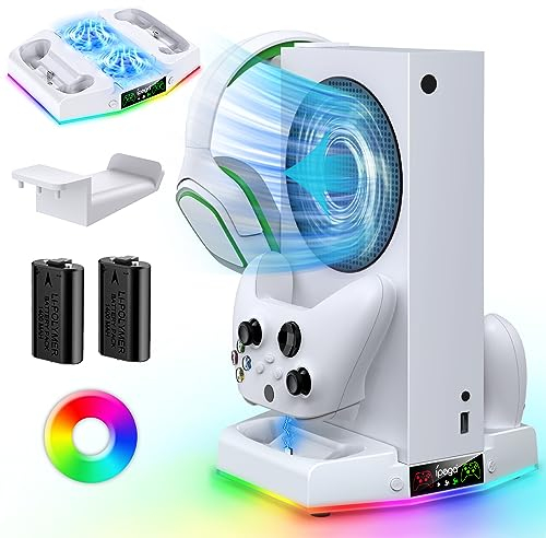 Cooling Stand for Xbox Series S with Charging Station & RGB Light, MENEEA Low Noise Fan for Console & Fast Charger of Controller, Accessories with 2 * 1400mAh Rechargeable Batteries, Headphone Hook