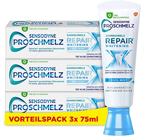 Sensodyne ProSchmelz Repair Whitening Zahncreme, 3x 75ml, tägliche Zahnpasta mit Fluorid für weiße Zähne, repariert nachweislich durch Säuren geschwächten Zahnschmelz & entfernt Verfärbungen
