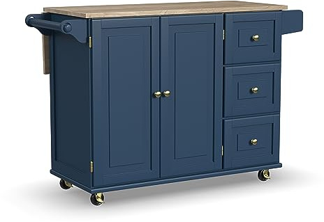 Homestyles Mobile Kitchen Island Cart with Wood Top and Dropleaf Breakfast Bar, Blue