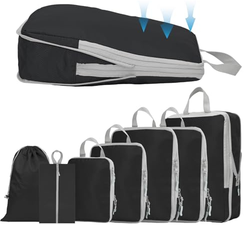 YYDSLEE Komprimierbaren Packwürfeln Ihres Reisegepäcks Compression Packing Cubes 7-teilig Kofferorganizer Set für Reise Leichtgewicht Packtaschen Set & Gepäck Organizer für Rucksack & Koffer (Schwarz)