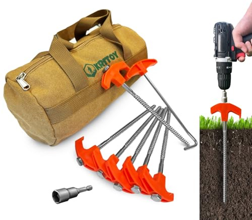 30 Pack Tent Stakes Heavy Duty - 8 Screw in Tent Stakes - Ground Anchors Screw in - Tent Pegs Camping Stakes - Metal Threaded Tent Spikes with 1 Hex Head Driver, 1Stopper T Pull Hook and Storage Bag