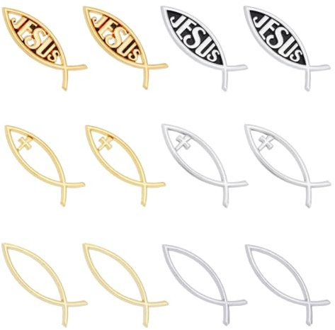 SUPerfINDINGS 12 st 2 färger små Jesus fisk dekal klistermärke guld akryl kors fisk auto emblem vattentät kärlek fred bilklistermärken självhäftande dekaler för fordonsdekoration 16 x 50 x 6 mm